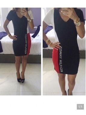 Tommy Hilfiger Black, Red & White V‑Neck Mini Dress